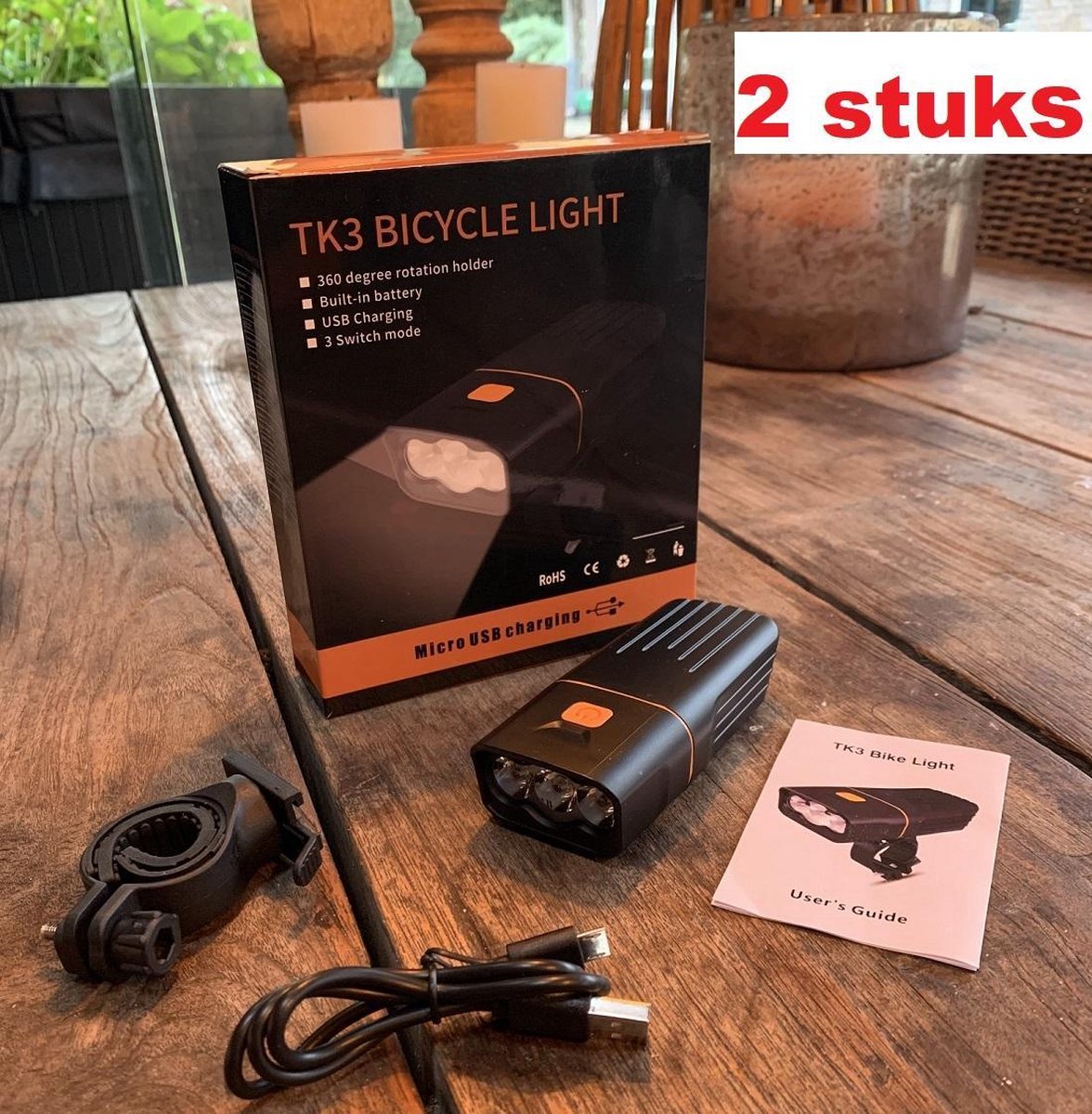 RJRQuality Fietslamp voorlicht TK3 ( 2 stuks) mega sterk batterij led usb oplaadbaar 1500 L fiets verlichting zware li-ion accu powerbank iphone zaklamp fietslampen koplamp