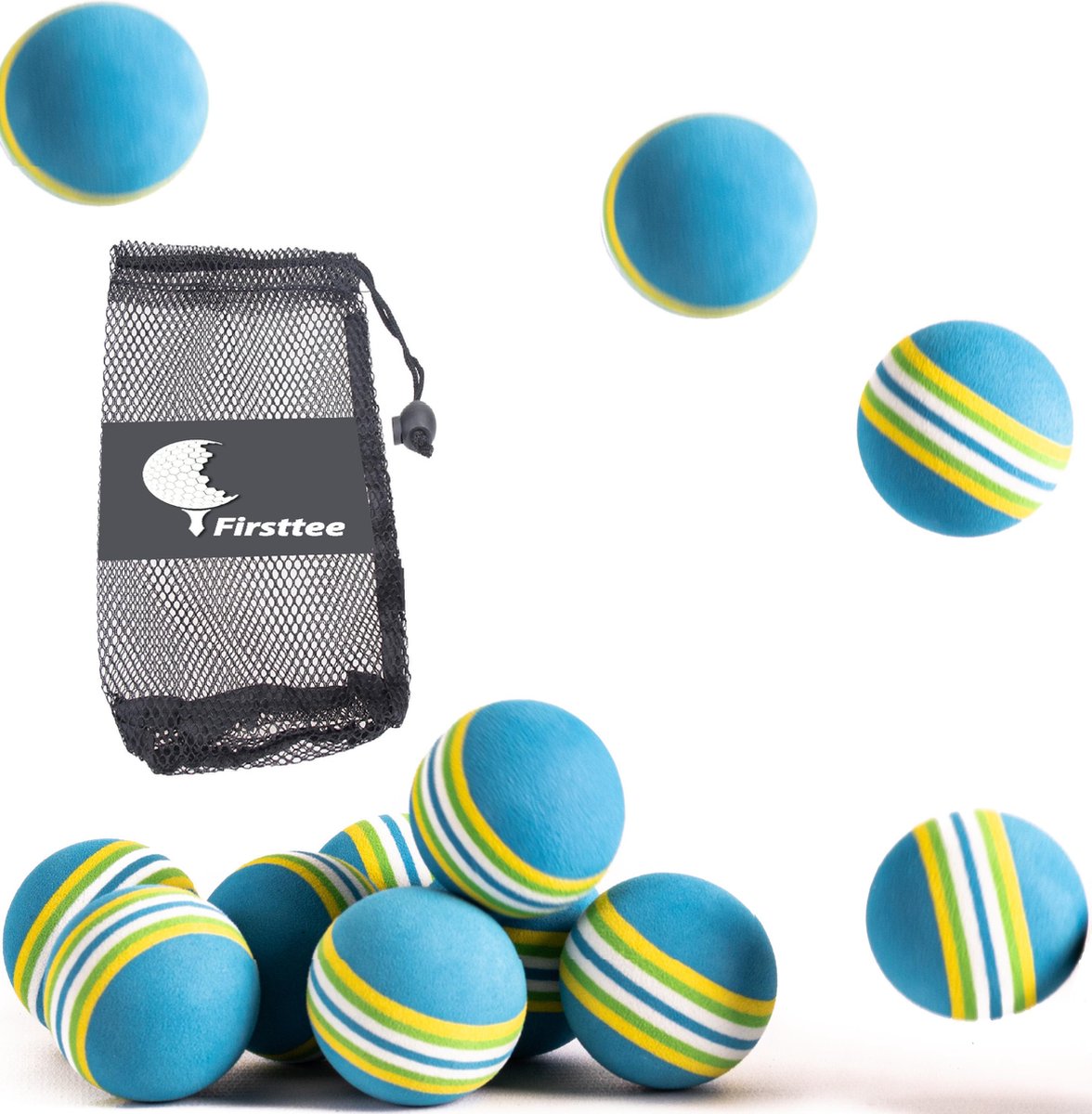 Firsttee - 12 stuks training softballen - GRATIS  BALLENNET - Golfballen - Ballen - Golf accessoires - Cadeau - Golftrainingsmateriaal - Sport - Training - Golfset - Indoor - Golfswing - Trainingsmaterialen - Geschikt voor golfnet - Golfbal - Tees
