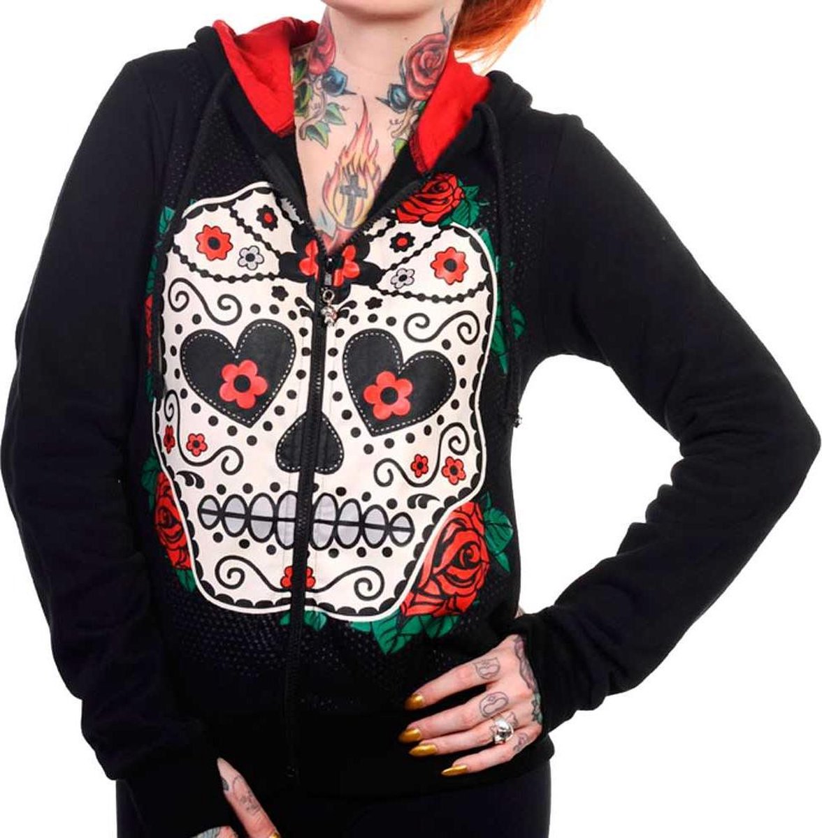 Banned Vest met capuchon -L- SUGAR SKULL RED ROSES Zwart