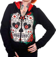 Banned Vest met capuchon -L- SUGAR SKULL RED ROSES Zwart