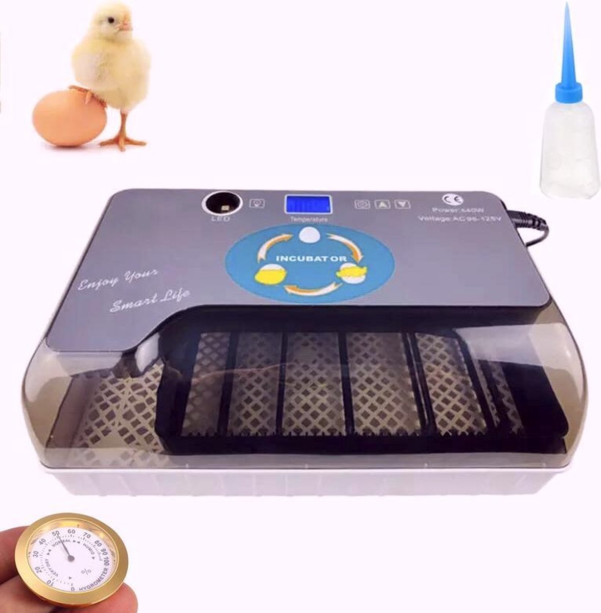 Slimme Broedmachine voor eieren - automatische rolsysteem met geïntegreerd schouwlamp - incl accessoires - hygrometer - waterflesje met spitse tuit