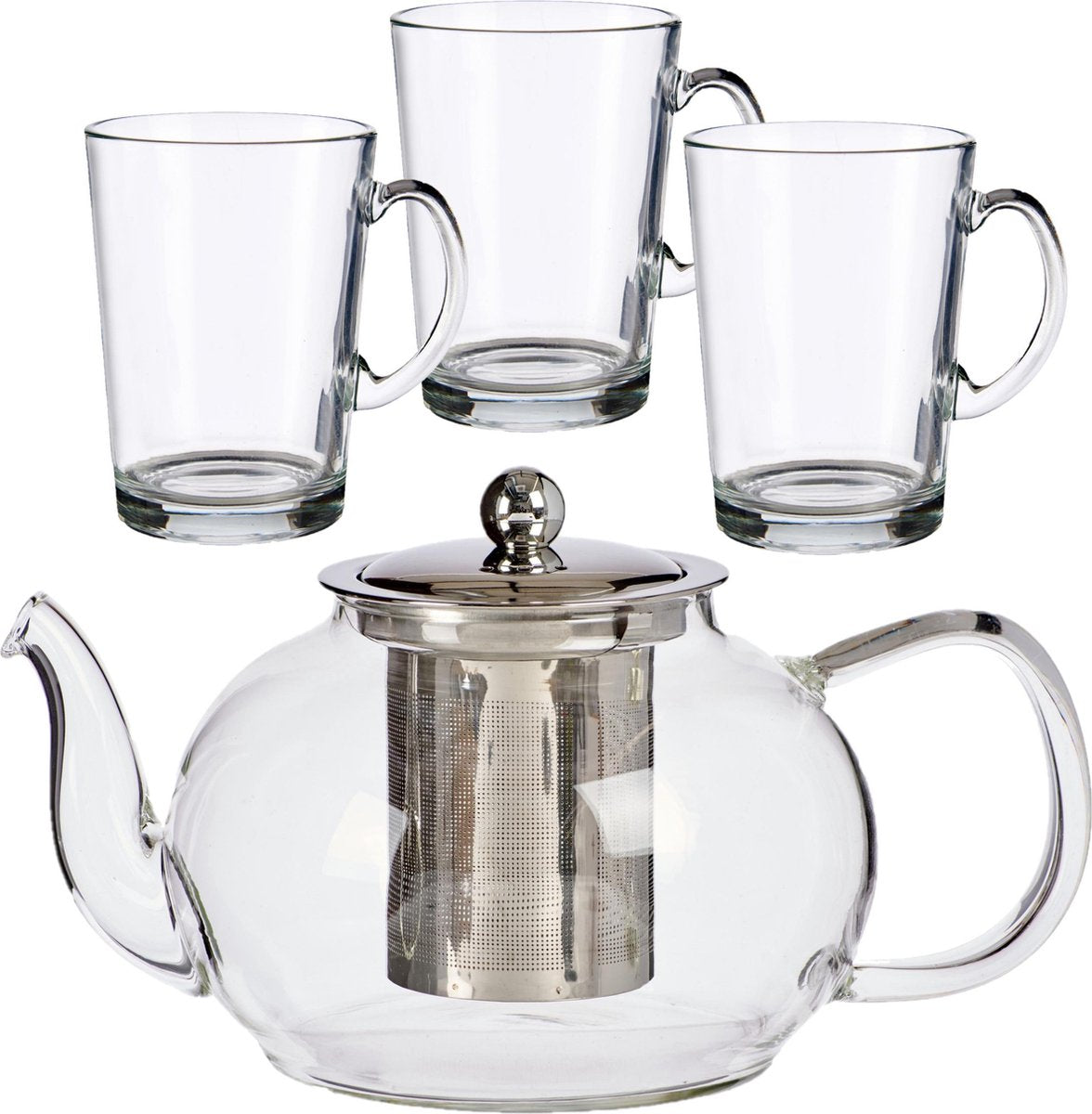 Glazen theepot met filter/infuser van 1100 ml met 6x stuks theeglazen van 285 ml