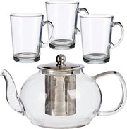 Glazen theepot met filter/infuser van 1100 ml met 6x stuks theeglazen van 285 ml