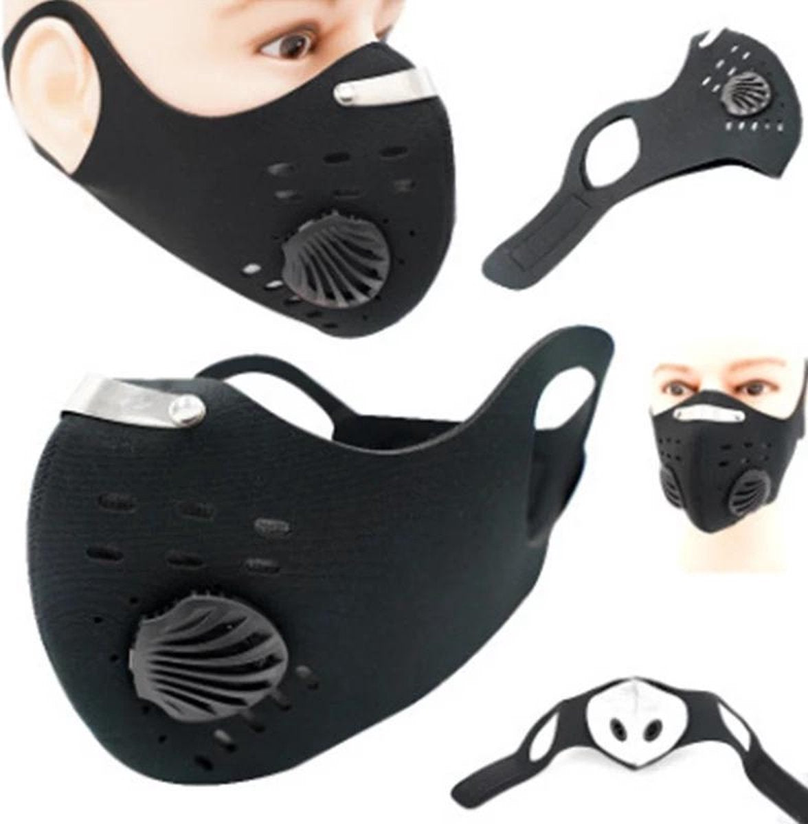 LOUZIR Outdoor Trainingmasker - Actieve kool ademend filter- Anti-stofmasker- Bescherming tijdens fietsen running skiën & winter herfst- Mondkapje- Motor Masker - ZWART