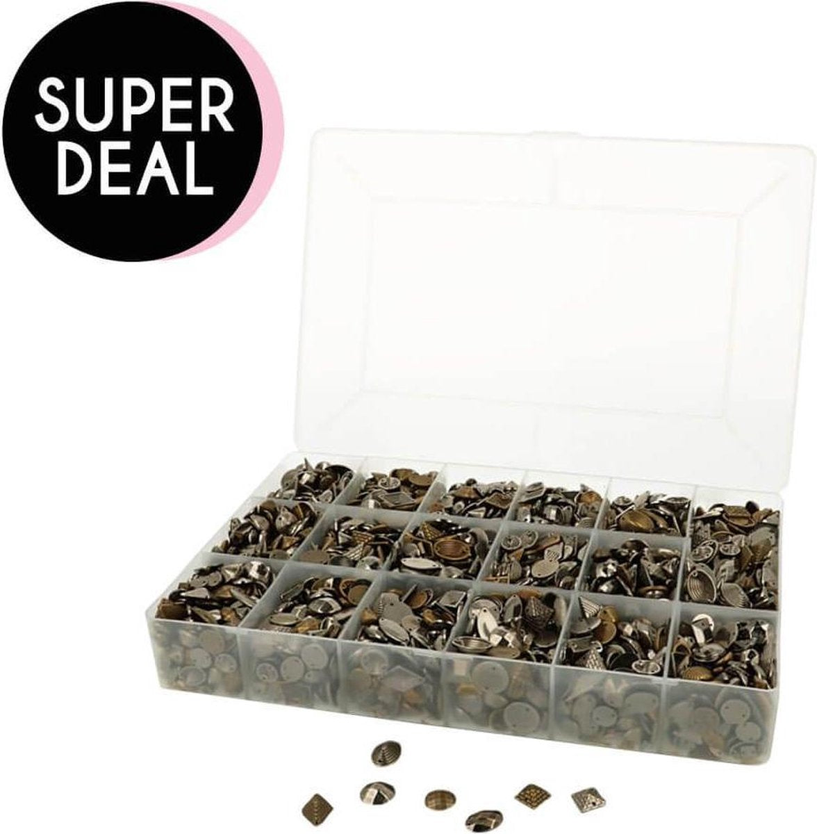 DOOS MET CIRCA 4.000 OPNAAI STUDS ANTRACIET KLEUR DIV. MODELLEN EN MATEN OP=OP