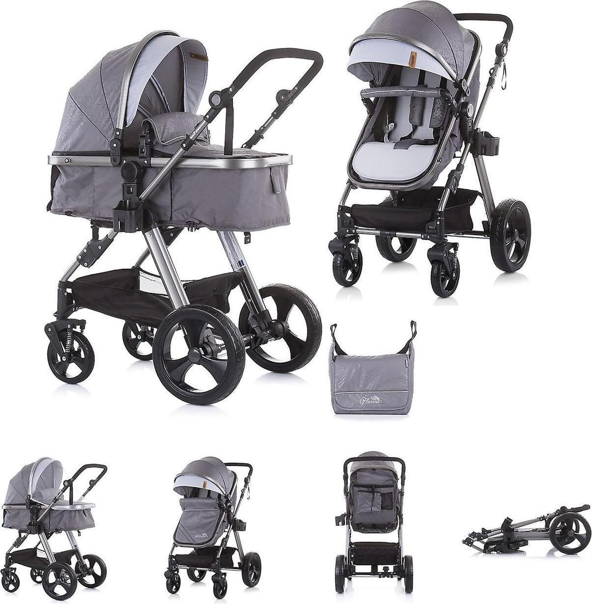 Chipolino Kinderwagen Havana - Baby wagen - 2 in 1 - Buggy - Licht en flexibel - Inclusief luiertas - Grijs