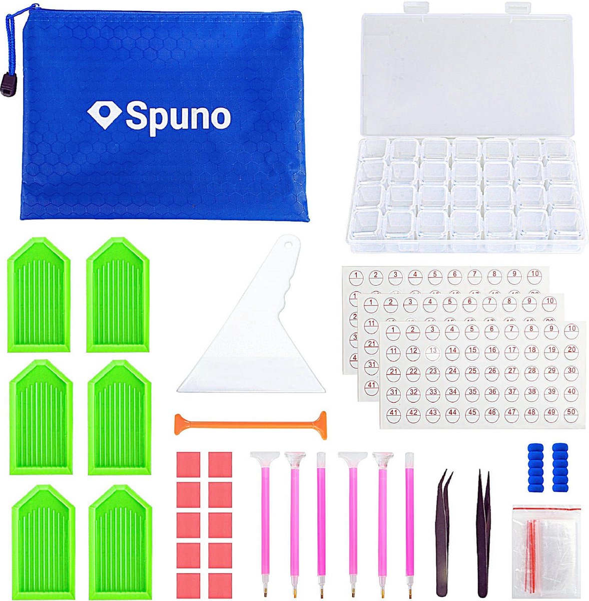 Spuno® Diamond Painting Accesoires Pakket Volwassenen - Opbergdoos - sorteerdoos - Corrector - Pennen - Wax - Schudbakjes - Etui - Starterspakket