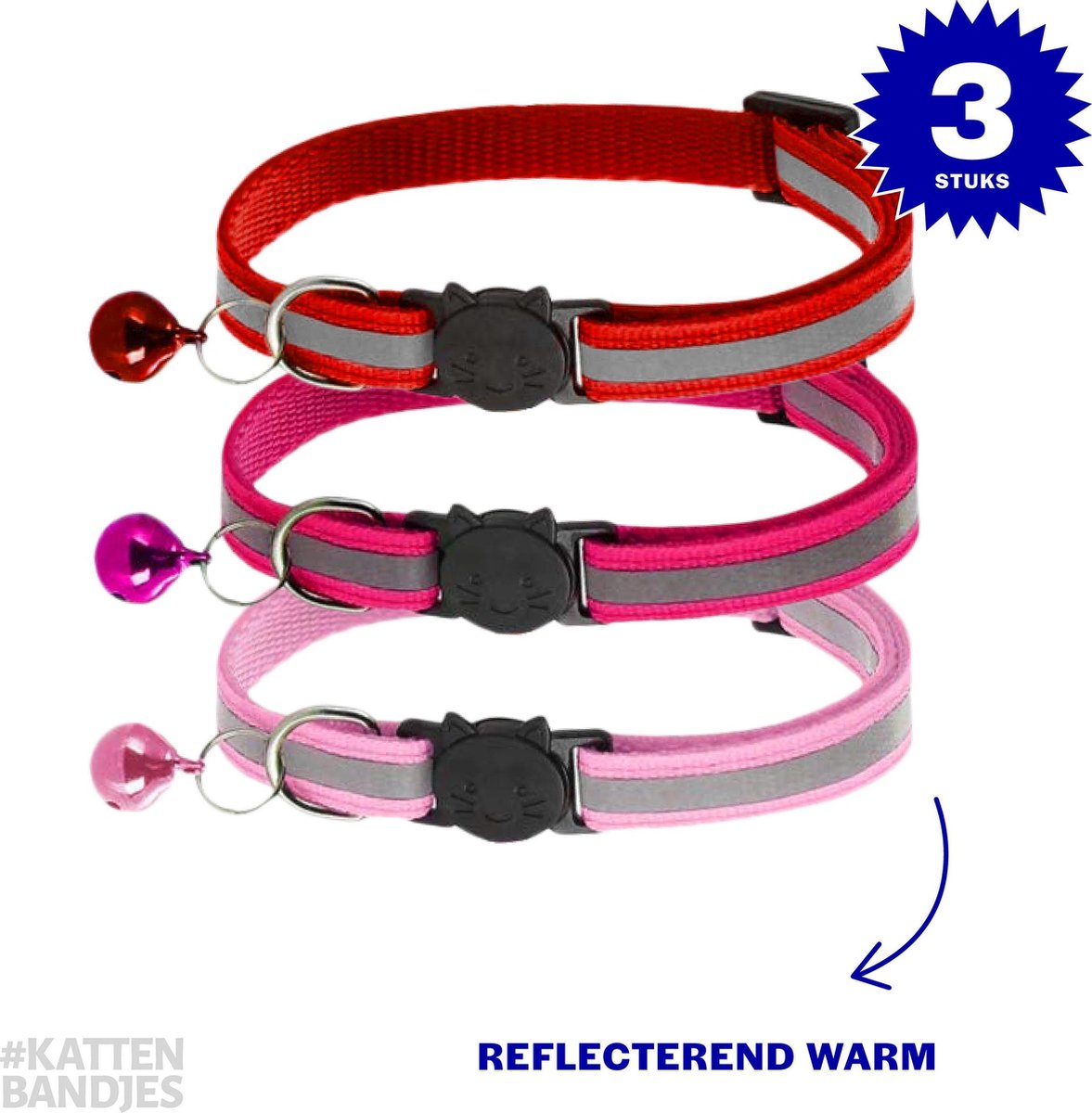 Kattenhalsband reflecterend | Halsband Kat | Kattenhalsband | Kattenhalsbandjes met veiligheidssluiting in 3 kleuren - 3-pack