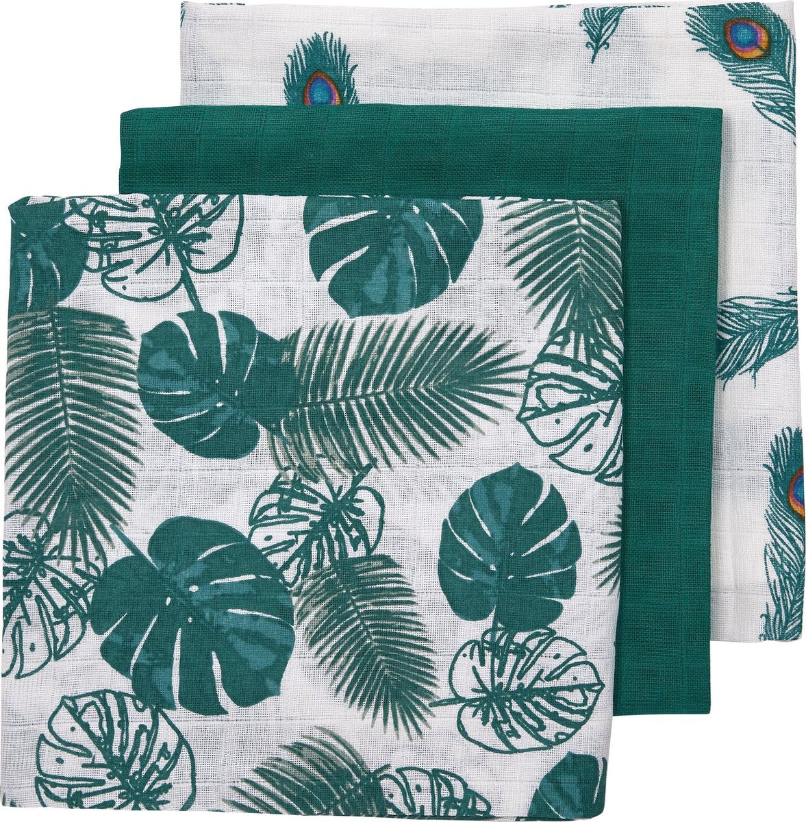 Meyco 3-pack Hydrofiele luiers - Tropical leaves-Uni emerald green-Peacock
