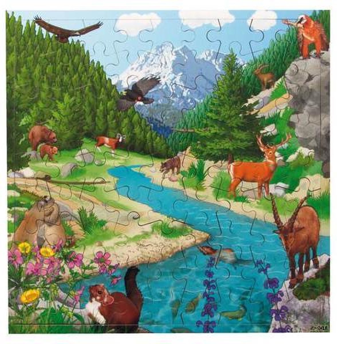 Puzzel Berglandschap - houten legpuzzel met dieren in de bergen (40 x 40 cm) -  81 stukjes - voor kinderen vanaf 3 jaar