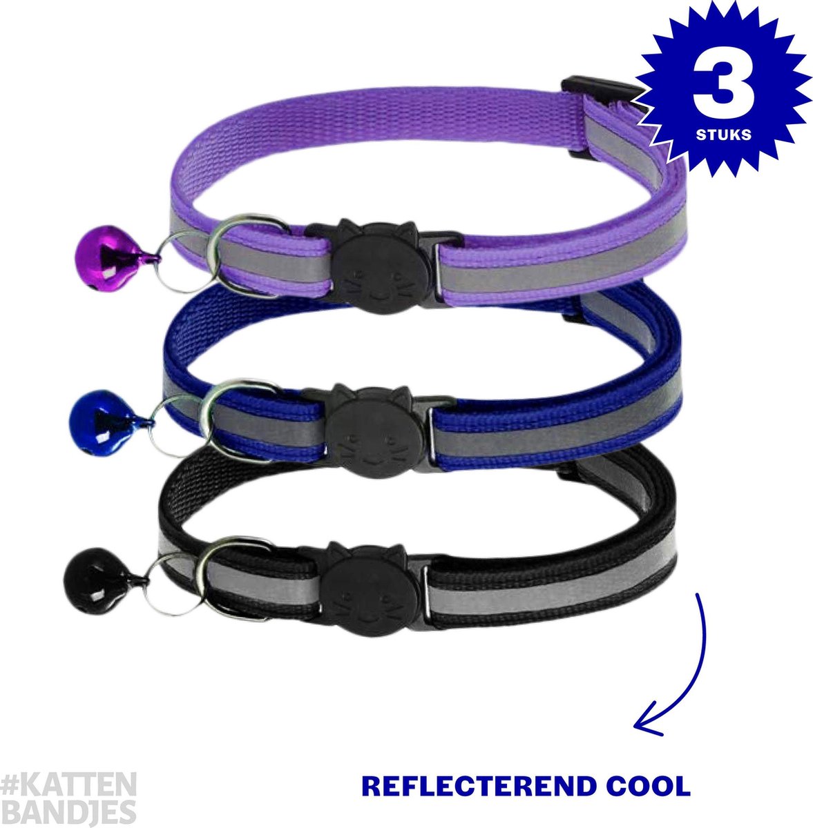 Kattenhalsband reflecterend | Halsband Kat | Kattenhalsband | Kattenhalsbandjes met veiligheidssluiting in 3 kleuren - 3-pack