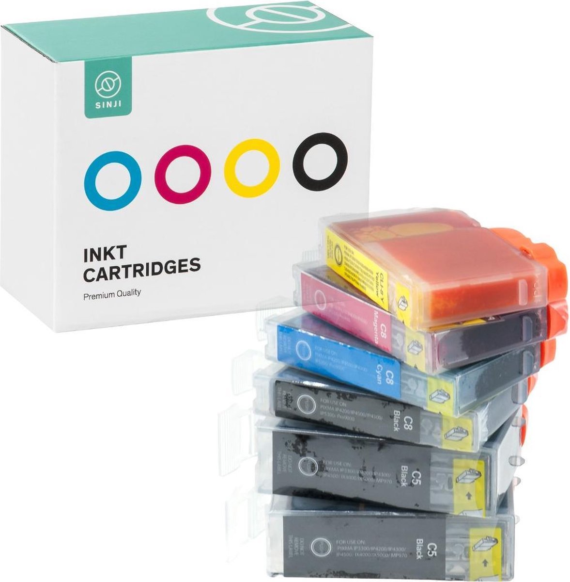 Sinji Inktcartidge voor Canon PGI-5  + CLI-8 - Foto Zwart/Foto Cyaan/Magenta/Geel/Groen - Hoge capaciteit