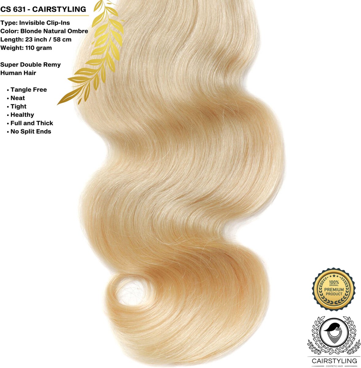 CAIRSTYLING CS631 Super Double INVISIBLE Clip-Ins Human Hair Cool Blonde Ombre Natural Highlights Remy Extensions - 110 Gram 23 Inch / 58 CM Lengte - Trending Onzichtbare Band Haaraanzet - New 2021