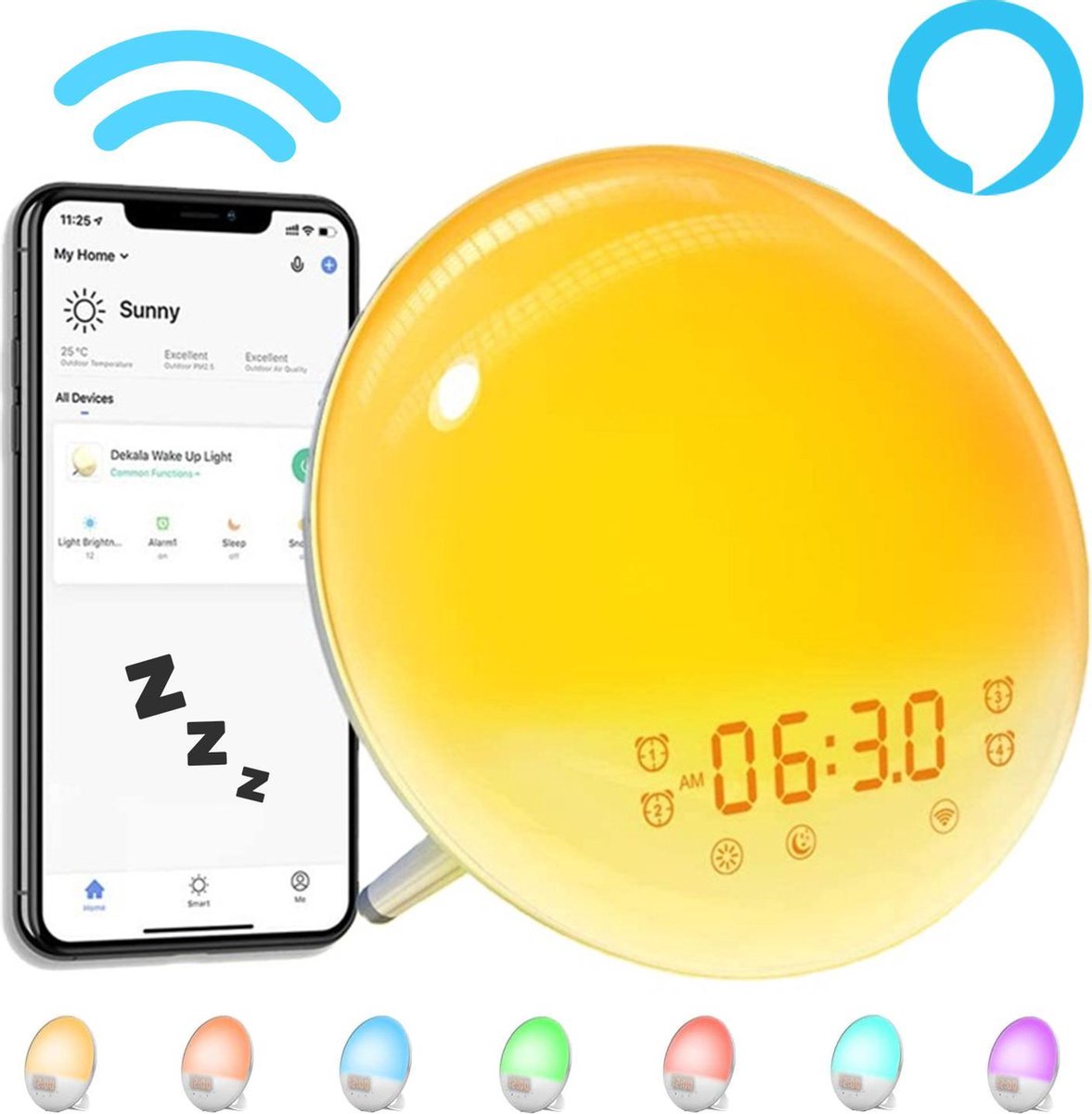 PIXMY - 6-in-1 - Sunset Lamp - Wake Up Light - 2021 Versie - Smart Met App - 7 Kleuren - Alarm
