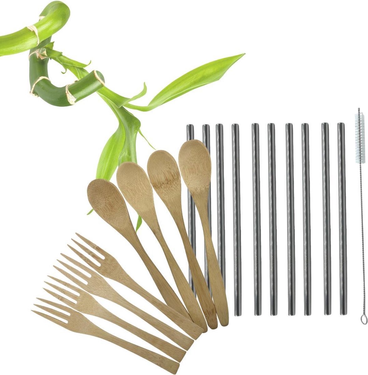 Duurzame Picknickset | 4 Bamboe Lepels | 4 Bamboe Vorken | 10 Metalen Rietjes met Afwasborstel