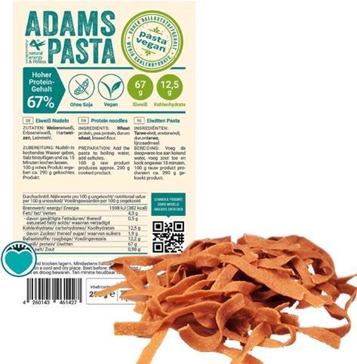Adams Pasta | Vegan | 1 x 250g  | Koolhydraatarm eten doe je zó!