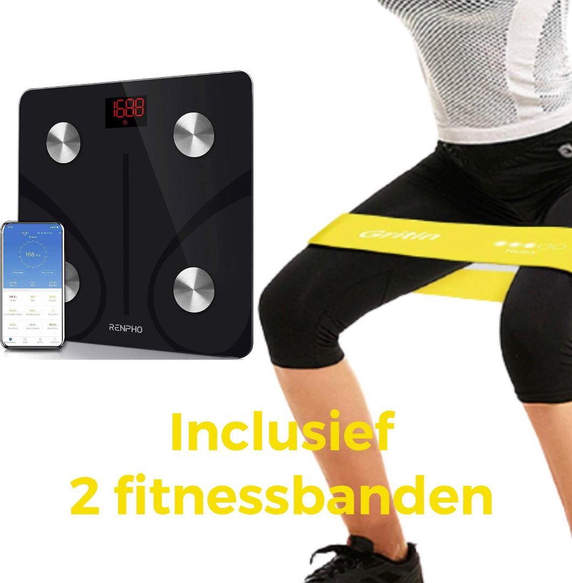 RENPHO Digitale weegschaal +2 Fitnessbanden. Bluetooth