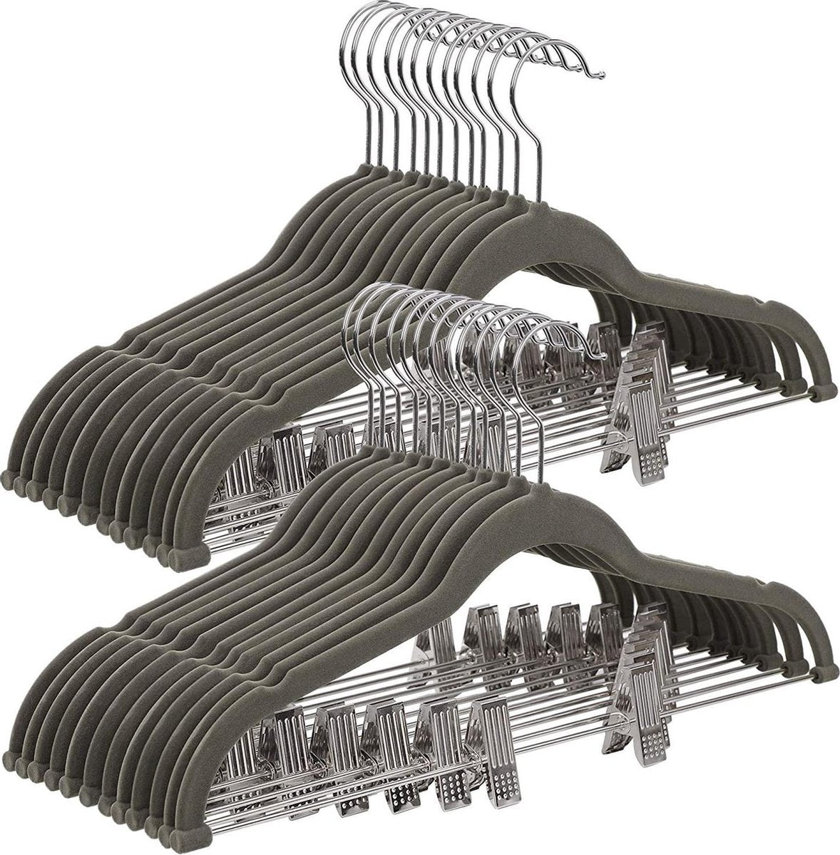 Nancy's Luxe Fluwelen Kledinghangers - Set Van 30 - Brug - Clips - Antislip - Ruimtebesparend - Draaibare Haak - Pakken - Overhemden - Jassen - Grijs/Zwart