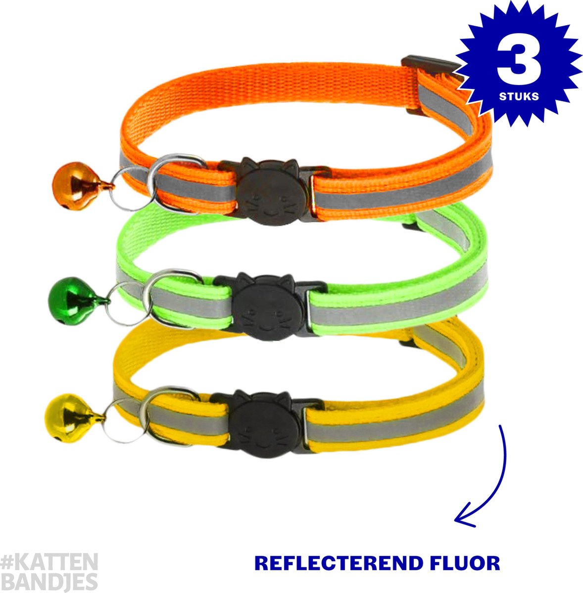 Kattenhalsband reflecterend | Halsband Kat | Kattenhalsband | Kattenhalsbandjes met veiligheidssluiting in 3 kleuren - 3-pack