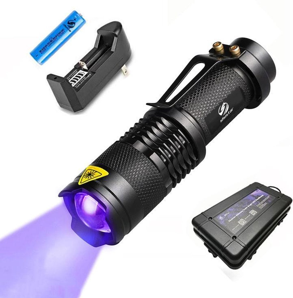 BrightWise® UV Zaklamp Pro Inclusief Oplaadbare Batterij & Oplader & Opberghoes – Blacklight zaklamp - UV lamp - Ultra violet lamp - Sporen detector - Aluminium - Waterbestendig - Zakformaat (10 cm)