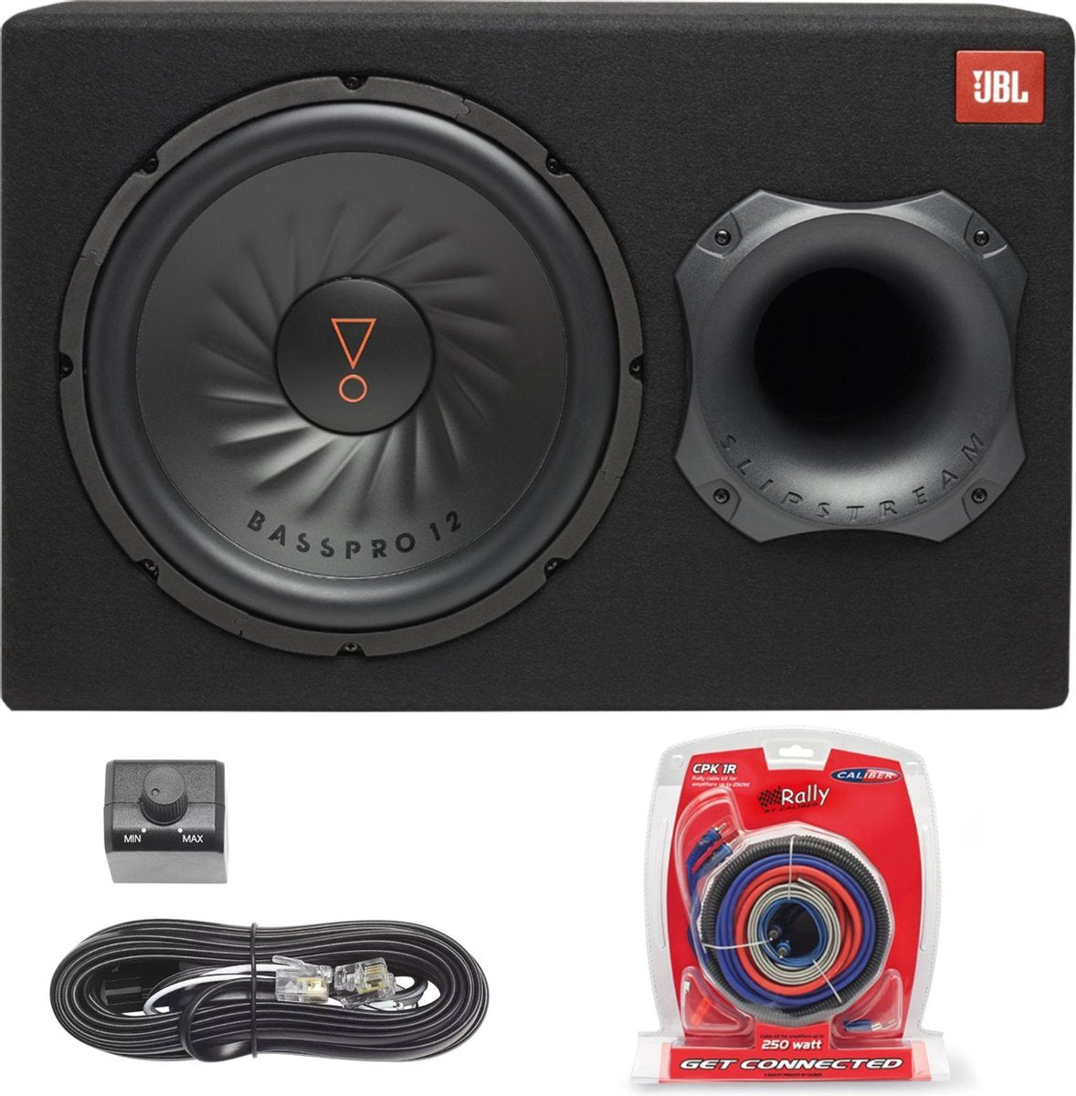 JBL Basspro 12 Actieve Subwoofer Behuizing + Caliber CPK1 kabelset - Gepoorte Behuizing - Met Basregelaar - Subwoofer pakket - 450W MAX - 150W RMS