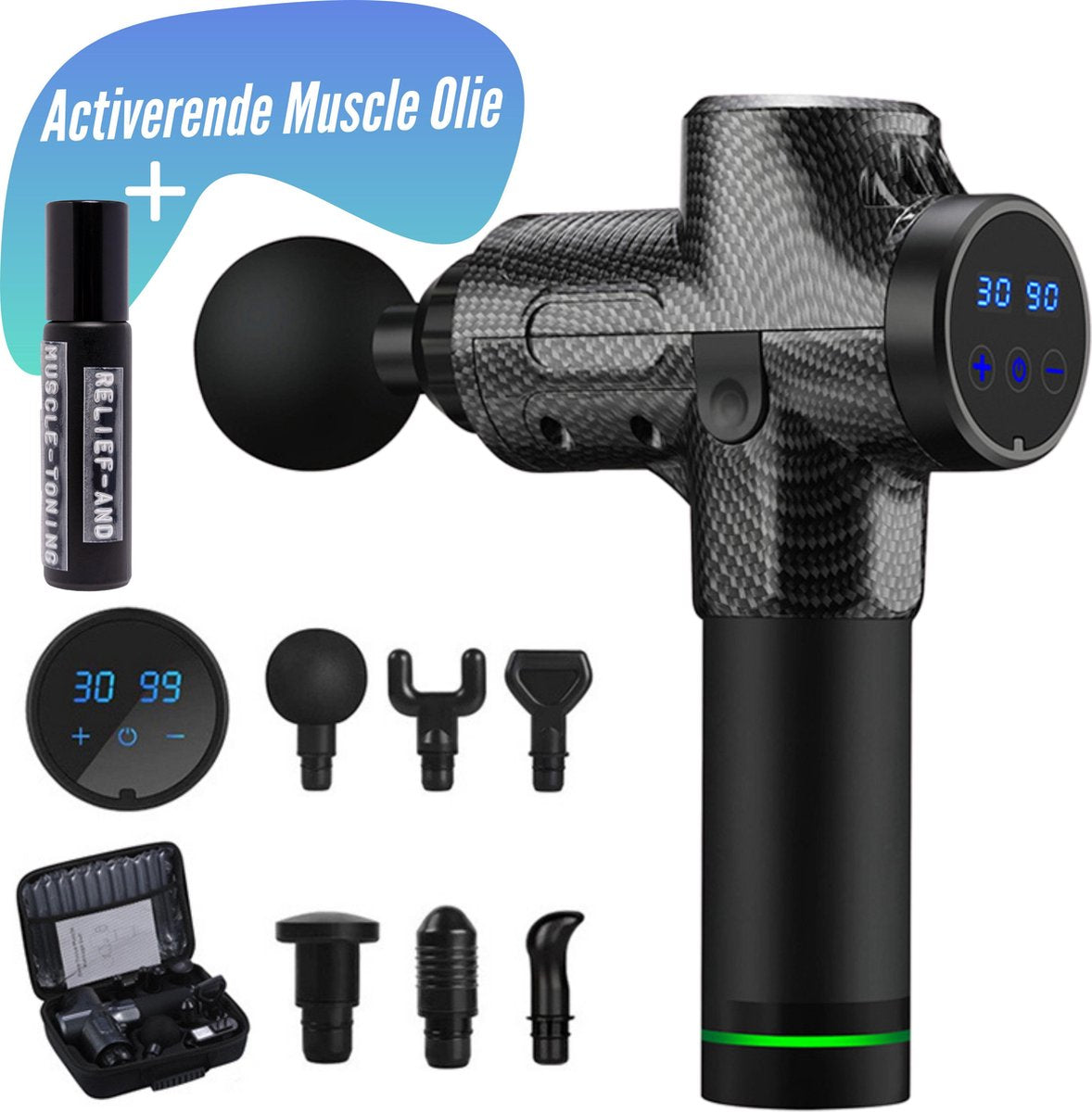 Massage gun – Sport en Relax massage –  Professionele Massage Gun – Klop en Compressiemassage – Massage olie - 6 opzetstukken - 30 standen - Carbon