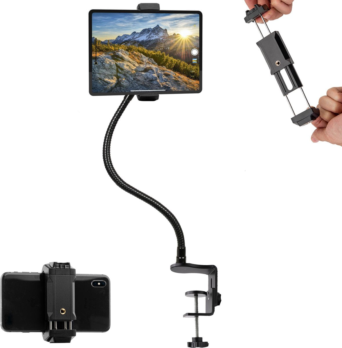 MOJOGEAR Premium flexibele telefoonhouder en tablethouder met tafelklem - Metaal