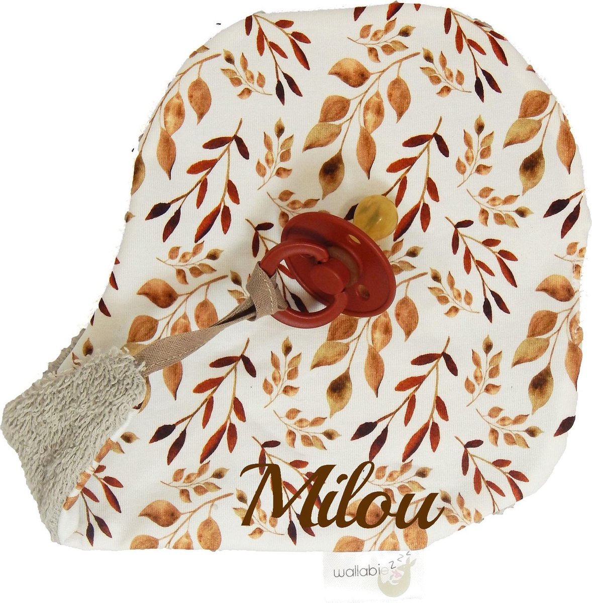 Speendoekje met naam - gepersonaliseerd kraamcadeau - Wallabiezzz - Leaves Cognac