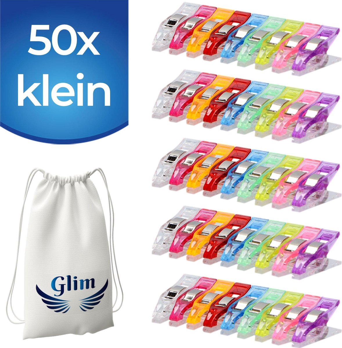 Glim® Originele Wonderclips - Small - Wonder clips - Kleine knijpertjes - Vervanging voor spelden - Kleine - Naaien - 50 stuks - INCLUSIEF Opbergzak