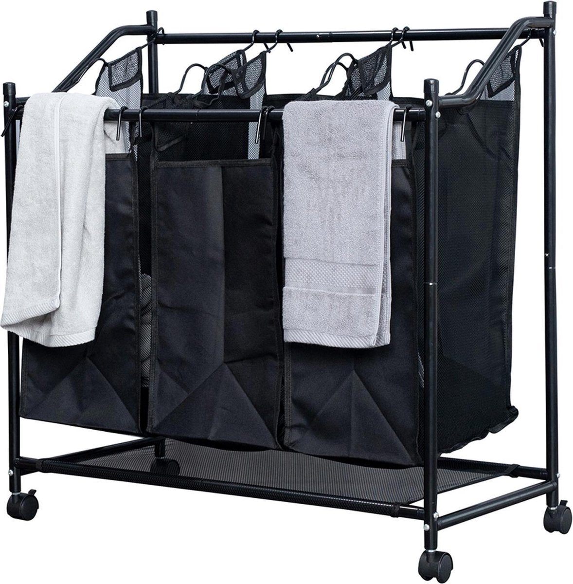 Herzberg: Rollende Wasmand Sorter & Organizer - Wasmand 3 Vakken - Zwart - Wassorteerder - Wasmand met Deksel