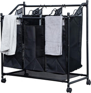 Herzberg: Rollende Wasmand Sorter & Organizer - Wasmand 3 Vakken - Zwart - Wassorteerder - Wasmand met Deksel