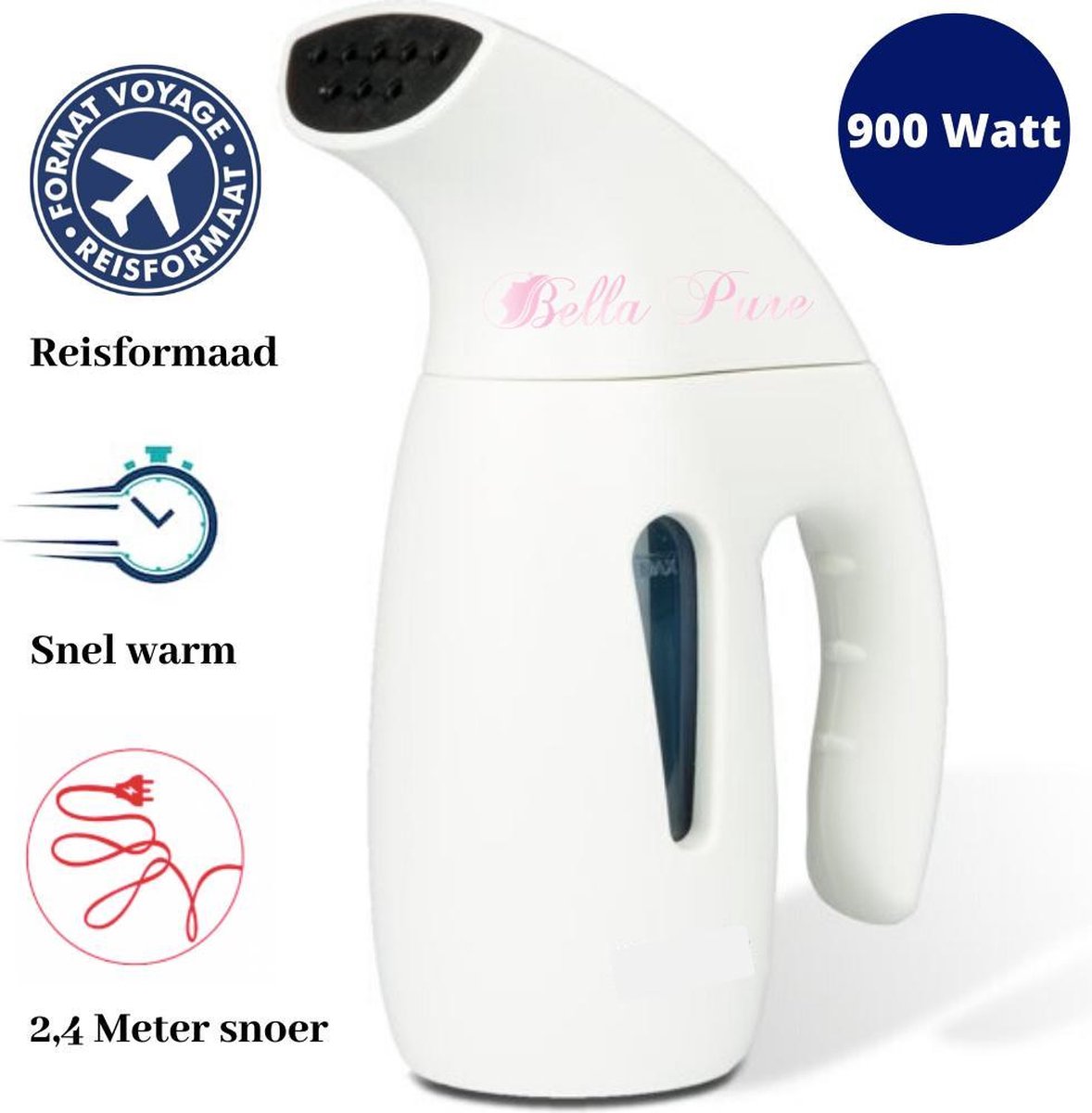 Bella Pure Kledingstomer en Reiniger - Kleine Hand Stomer voor Thuis en op Reis - Stoom Apparaat voor Kleding/Textiel/Stoffen - Travel Ontkreuker - 180 ML - 12 Min Stomen – Wit