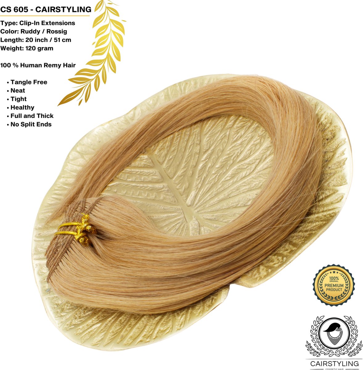 CAIRSTYLING Premium 100% Human Hair | Kleur: Rossig | Clip-in Hair Extensions CS605 | 120 Gram | 51 CM (20 inch) | Haarverlenging | Best Quality Hair Long-term Use | Natuurlijk Haar Volume