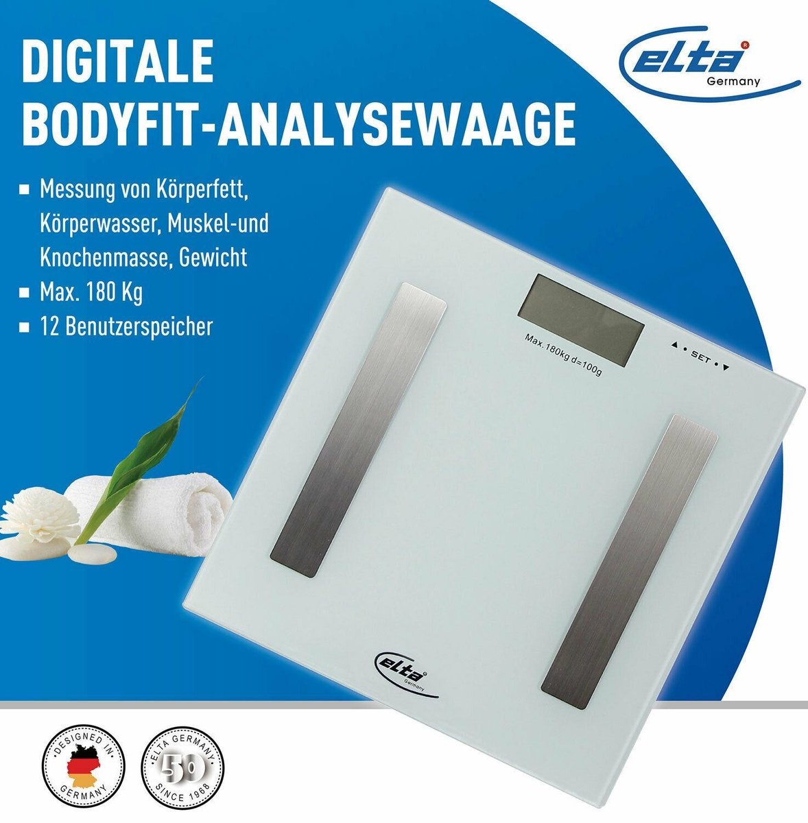 Elta Digitale Body-fit personenweegschaal max 180kg - Weegschaal - Digitale personenweegschaal
