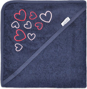 badcape hart navy | funnies | badcape met borduring | hartjes | blauw met roze | baby verzorging | zwemmen of badderen | 100% zuivere katoen