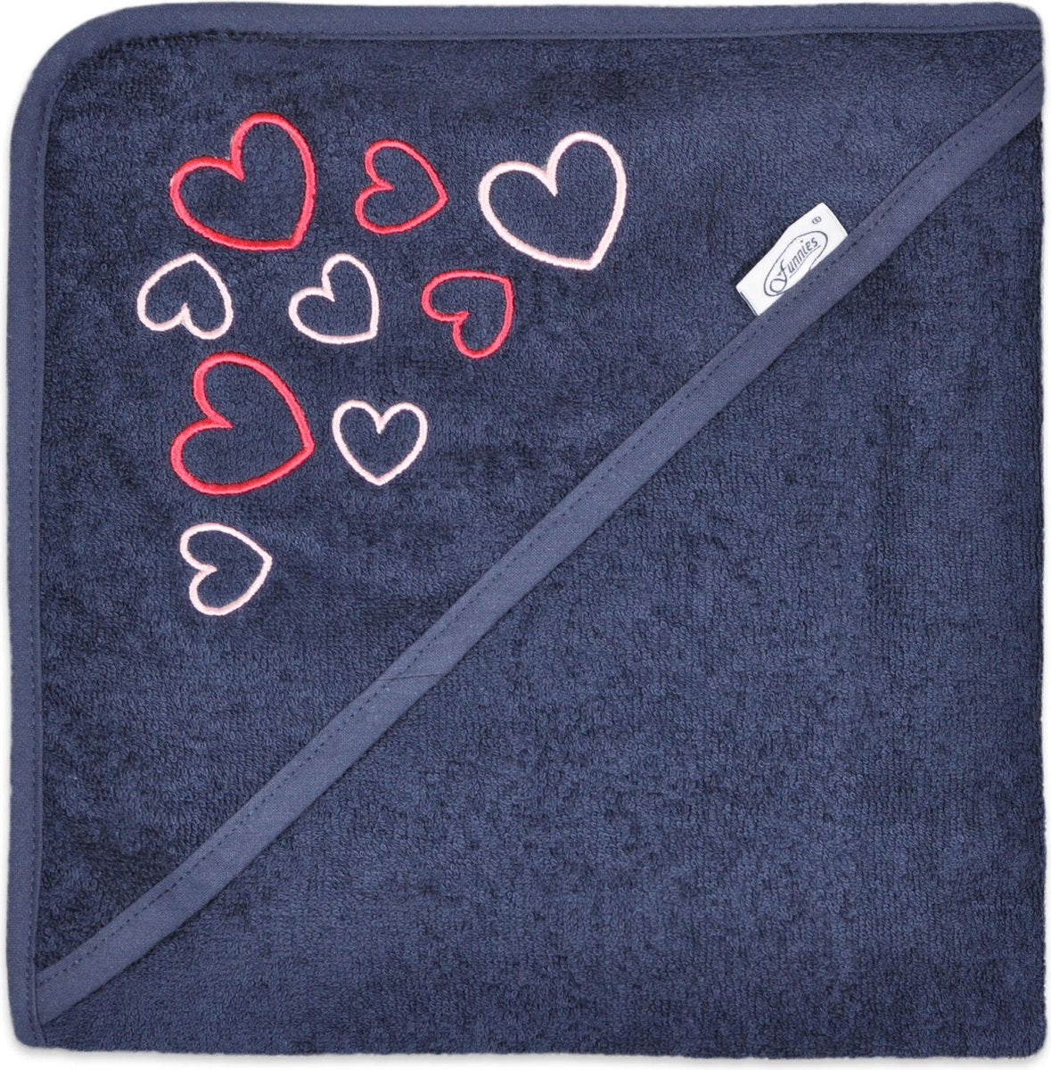 badcape hart navy | funnies | badcape met borduring | hartjes | blauw met roze | baby verzorging | zwemmen of badderen | 100% zuivere katoen