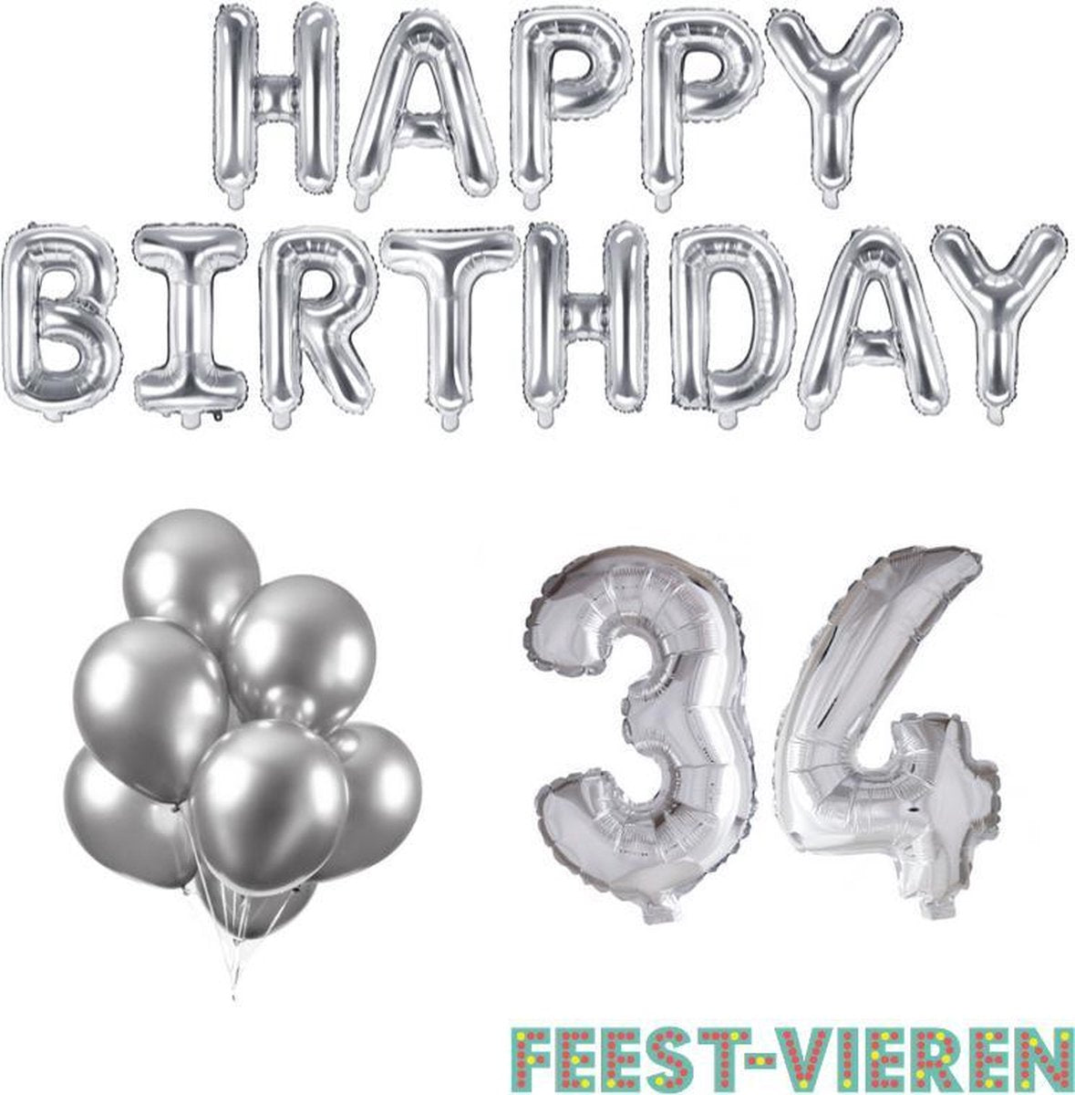 34 jaar Verjaardag Versiering Ballon Pakket Zilver