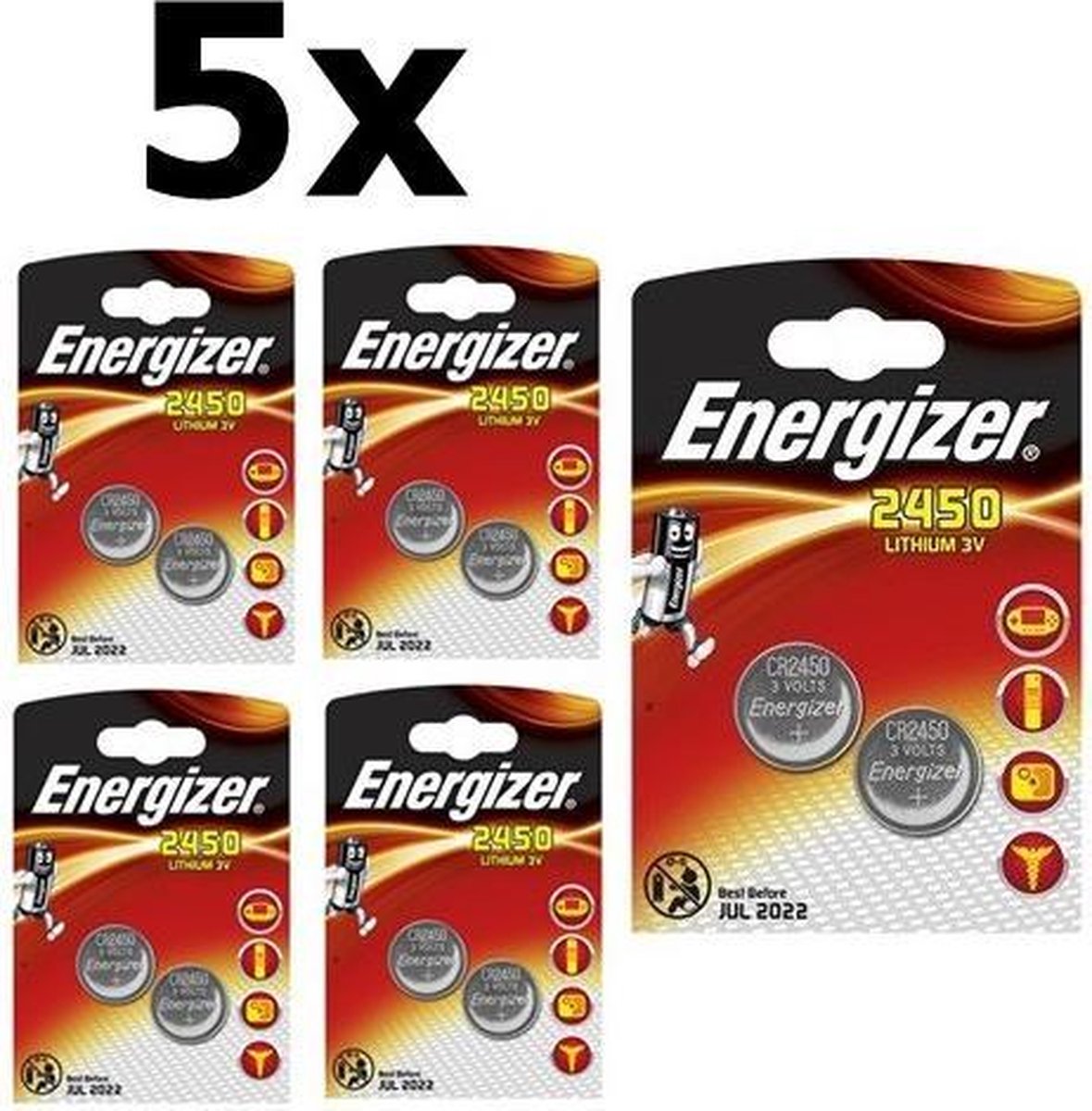 10 Stuks (5 Blister a 2st) Energizer CR2450 3v lithium knoopcelbatterij