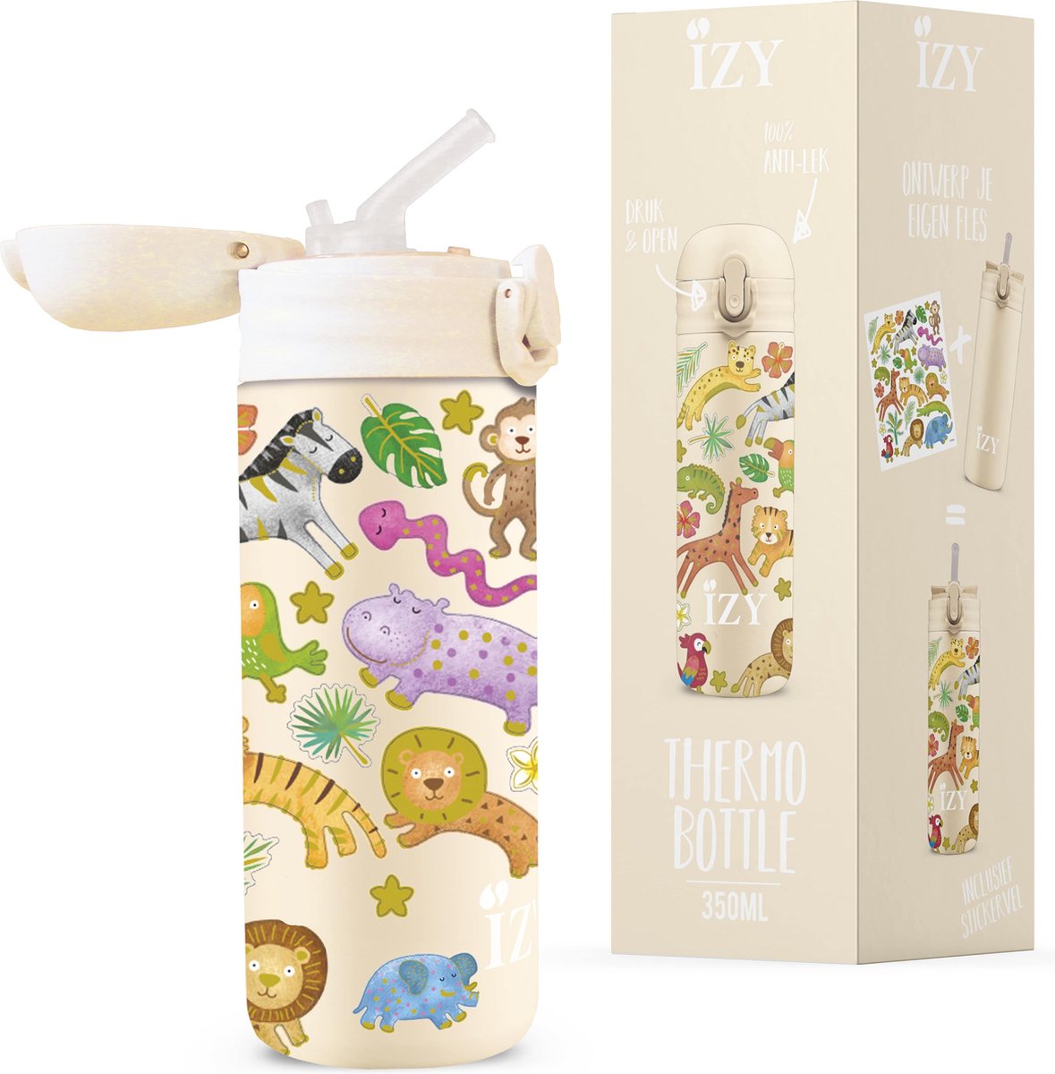IZY Kinderen - drinkfles / thermosfles - 350 ml - Pastel Geel Safari