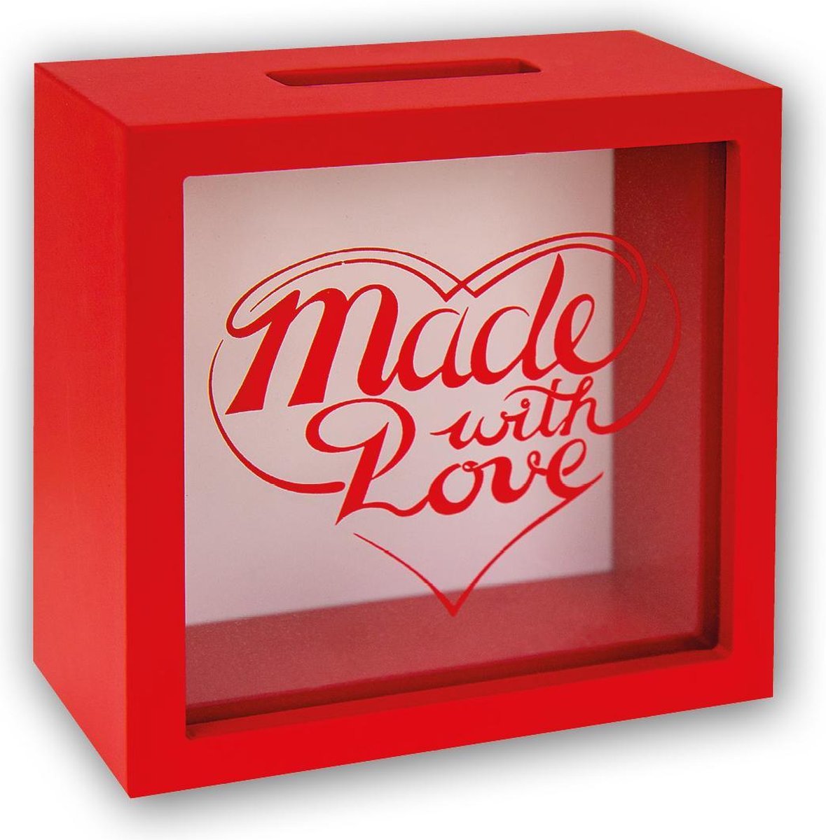 ZEP - Houten spaarpot rood  "Made with Love" formaat 15x15x6