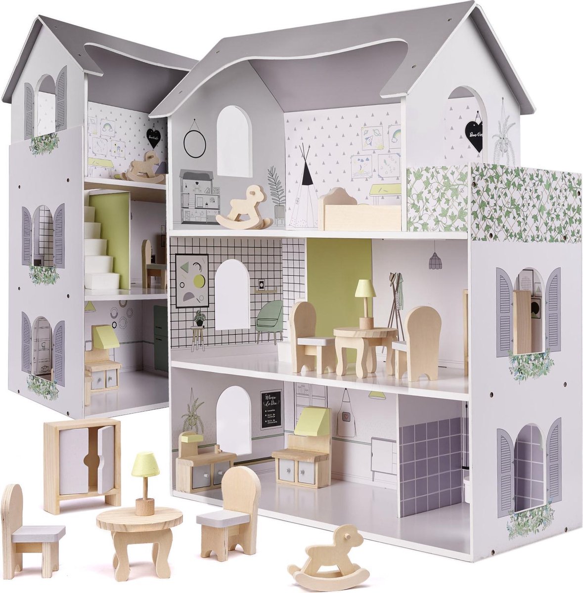 Houten Poppenhuis  - Wit- 70cm - Inclusief Meubels