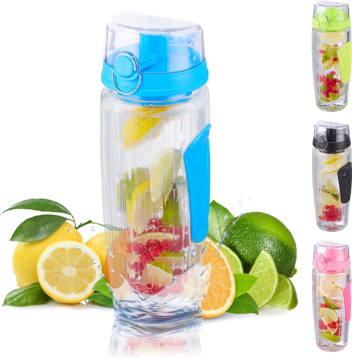 relaxdays waterfles met fruit filter - drinkbus met infuser - BPA-vrij - fruitwater blauw