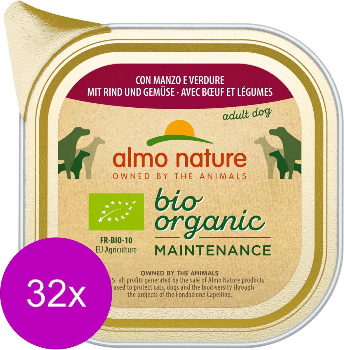 Almo Nature  Bio Organic Maintenance Natvoer voor Honden - 32 x 100 gram - met Rund en Groenten - 32 x 100 gram