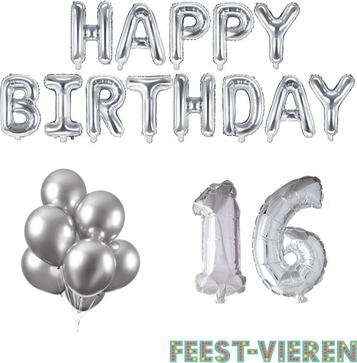 16 jaar Verjaardag Versiering Ballon Pakket Zilver