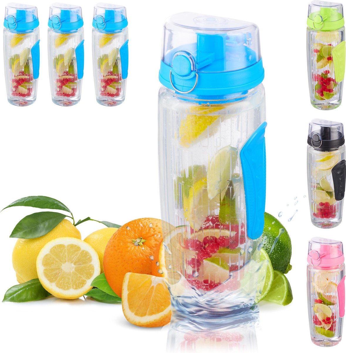 relaxdays 4 x waterfles met fruit filter - drinkbus met infuser - BPA-vrij – blauw