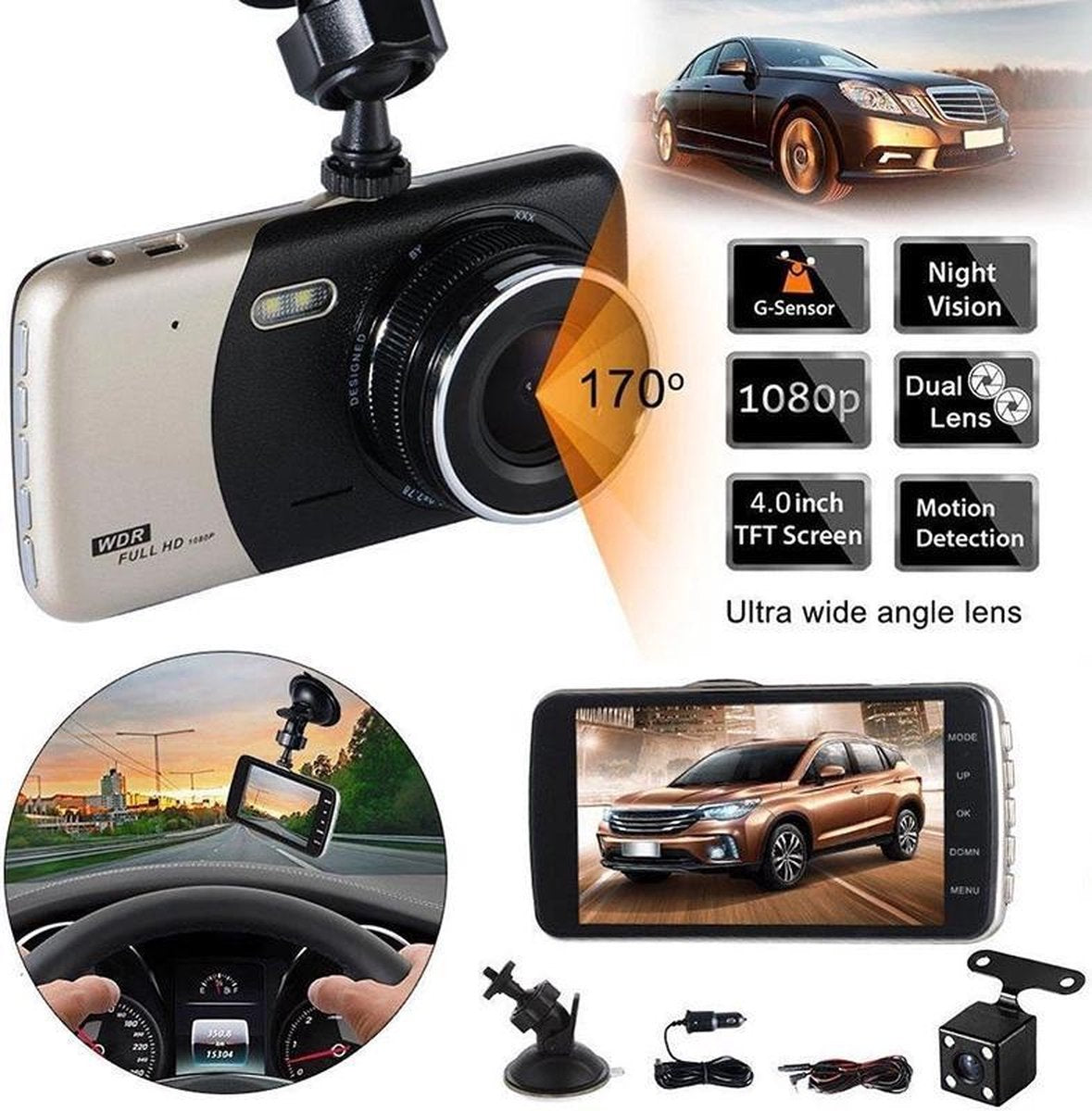 TecEye Dashcam voor Auto Full HD - Dashboard Camera - Parkeermodus - Nachtzicht - Voor & Achter - Dashcam Voor Auto-