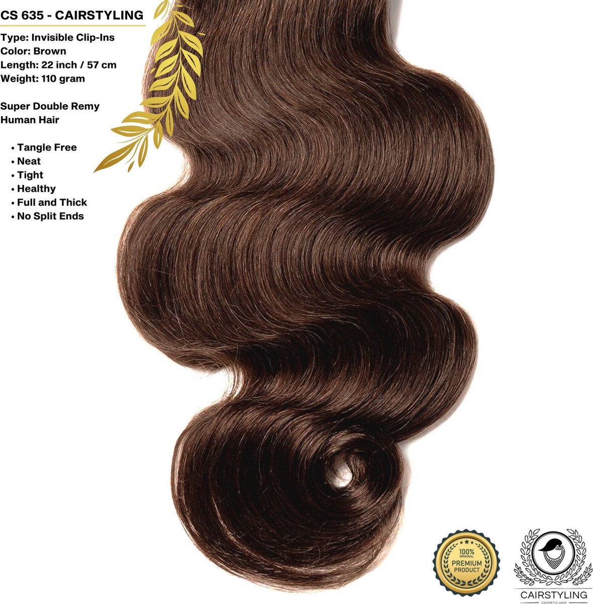 CAIRSTYLING CS635 Super Double INVISIBLE Clip-Ins Human Hair Brown Remy Extensions - 110 Gram 22 Inch / 57 CM Lengte - Trending Onzichtbare Band Haaraanzet - New 2021