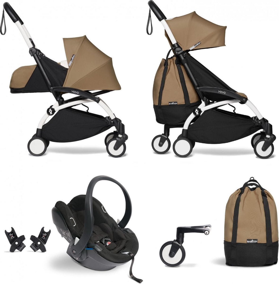 Babyzen YOYO² buggy COMPLEET vanaf de geboorte inclusief YOYO² BeSafe autostoel zwart  en YOYO Bag -  toffee met frame wit
