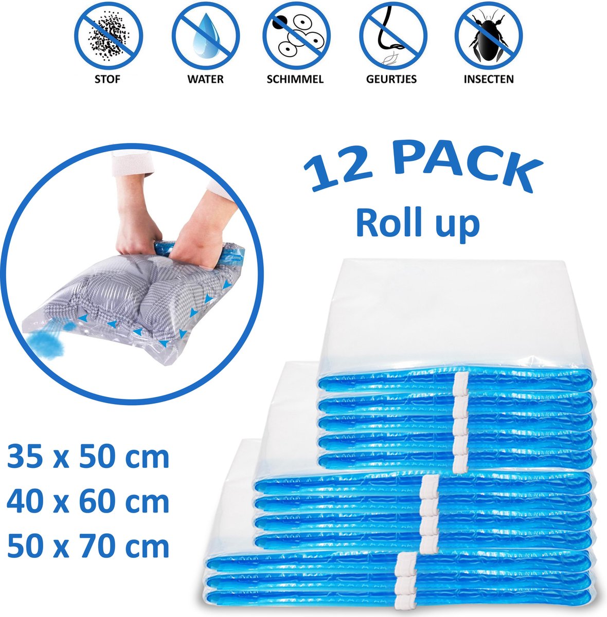 Roll Up Vacuüm Opbergzakken - 3 Maten oprolbare vacuümzakken - 12 Stuks