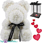 Rozen beer Wit XL met Strik 40cm in Luxe Geschenkdoos + Liefdes Sticker | Cadeau|Knuffel met jou geliefde tijdens Valentijn! | Love Teddybeer | I Love you Knuffelbeer gift box | Roos Beertje met liefde |Roses Bear Valentine Day giftbox |